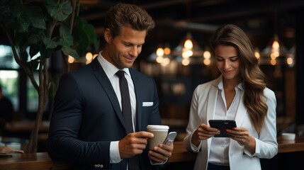 Fototapeta premium businessman using smartphone and businesswoman holding coffee cup in coffee shop