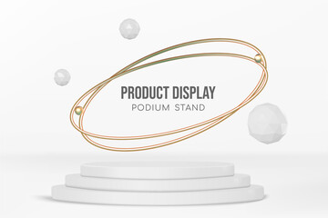 White podium stand display scene with golden rings and icospheres