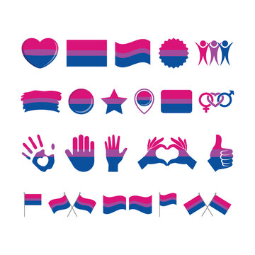 Bisexual Pride Flag and symbols many icon set vector. Bisexual pride flag graphic design element isolated on a white background. Bisexual icons in flat style