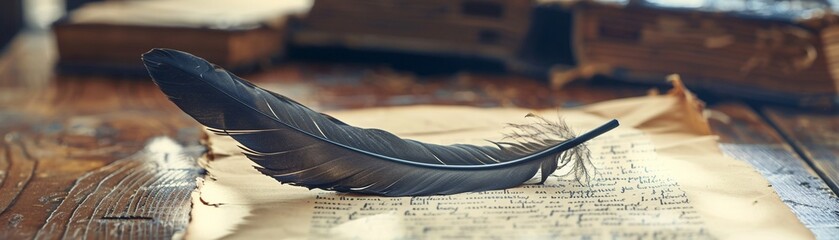 A quill pen, its tip splitting the page between past and future, guiding users through stories untold , clean sharp focus - obrazy, fototapety, plakaty