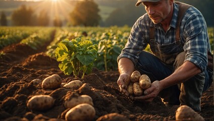 Happy male farmer holding fresh beautiful potato growing in fertile soil on farm bed
