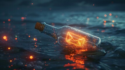 Corked bottle carrying glowing email icon, floating in vast digital sea, data message transport, surreal, painting , clean sharp focus