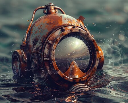 A vintage divers helmet, its glass porthole shining like a beacon, signaling the way forward and back in the digital ocean , no grunge, splash, dust