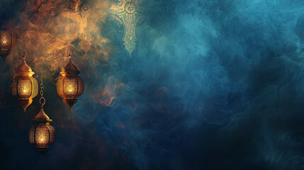 Ethereal lanterns glow amidst mystical smoke, casting an enchanting spell of light and shadow.