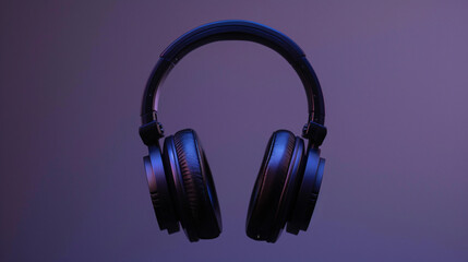 Fototapeta na wymiar A pair of headphones is illuminated by a soft purple light, highlighting its sleek design and texture.