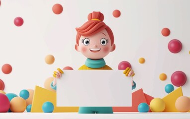 Fototapeta premium 3D cartoon character smiling girl with brown skin holding a blank whiteboard
