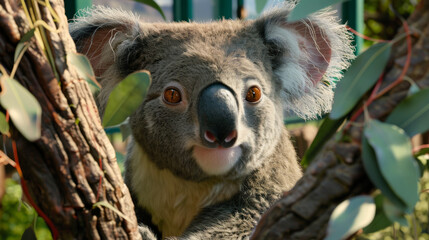 A koala is looking at the camera with its mouth open