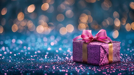 A sparkling purple gift box tied with a golden ribbon, set against a bokeh light background.