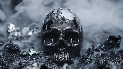 black skull with pieces of crystals on a black background with fog. - obrazy, fototapety, plakaty