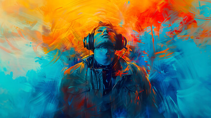 This abstract image features a person wearing headphones and a jacket.