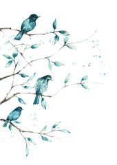 Watercolor poster of blue bird on tree, vintage illustration,