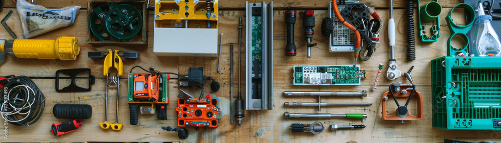 Aufkleber a table with many tools and parts on it
