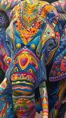 Fototapeta premium Boldly painted closeup of an elephant with intricate patterns and vibrant colors