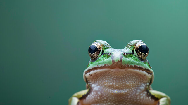 Close-up of a green frog with large, black eyes against a muted green background, showcasing detailed skin texture