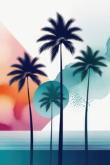 Fototapeta na wymiar Silhouettes of palm trees in minimalistic style in water color painting.