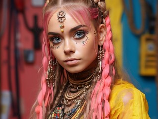 Woman With Long Pink Hair and Tattoos on Face