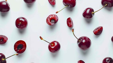 Succulent cherries, whole and halved, set against a pristine white background