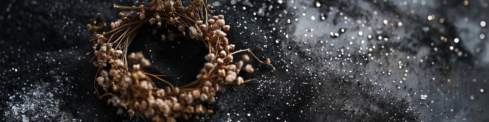 wreath of dried flowers on a black background.