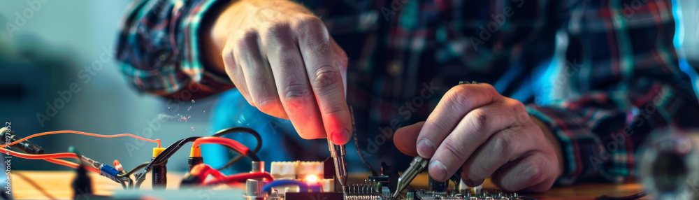 Poster a man is working on a circuit board with a pair of pliers