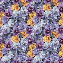 Viola flowers, 3D viola leaves, very beautiful, seamless fabric pattern, rich in art and culture. Fashion design, textiles, handicrafts, backgrounds, many colors 