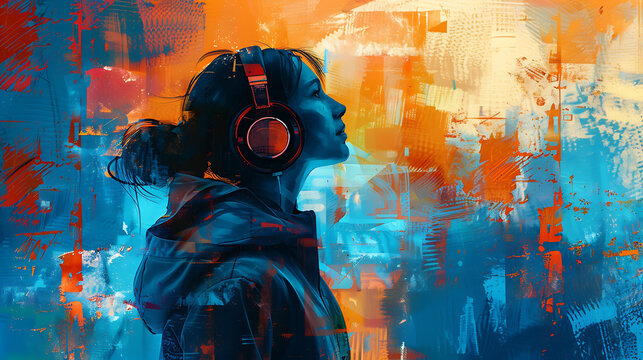 This abstract image features a person wearing headphones and a jacket