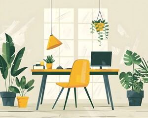 Cozy and Productive Green Office Workspace with Natural Lighting and Potted Plants