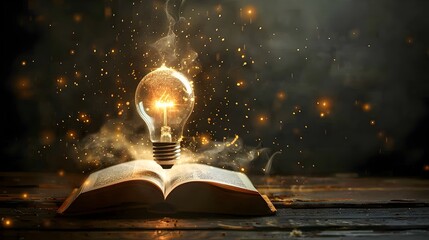 Glowing Lightbulb Illuminating an Open Book Symbolizing the Birth of an Idea Creativity and Knowledge - obrazy, fototapety, plakaty