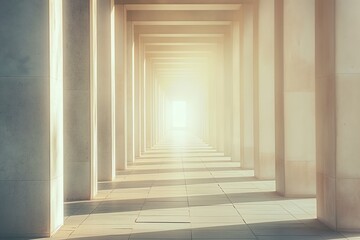 Obraz premium Perspective view of a pillared hallway bathed in warm sunlight, symbolizing guidance, direction, and a path towards enlightenment.