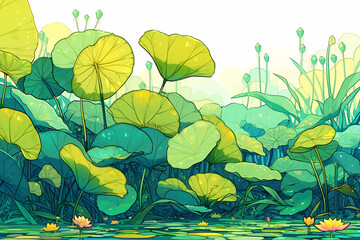 Lixia solar term national tide landscape illustration, summer lotus pond scene illustration - obrazy, fototapety, plakaty