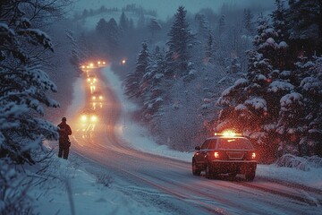 A police officer providing assistance to a stranded motorist on a snowy mountain road, car headlights illuminating the scene, snow falling - obrazy, fototapety, plakaty