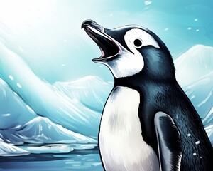 Shocked penguin, mouth wide open, icy landscape, bright daylight, close-up, vivid detail,cute, elegant, fantasy, sharpen, graphic design, illustration