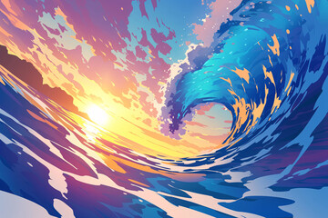Illustrations of the national tide and waves during the Beginning of Summer solar term, illustrations of summer seaside surfing scenes - obrazy, fototapety, plakaty