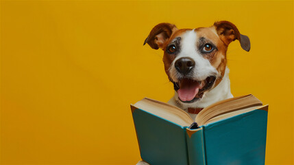 a dog is reading a book happily, silly face, yellow background - obrazy, fototapety, plakaty