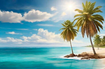 Beautiful seascape overlooking the sea coast with azure sea and palm trees.