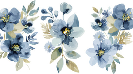 vector watercolor blue green floral bouquet collection
