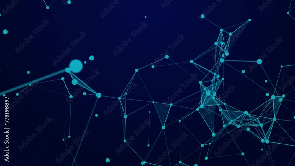 Poster Wave connection of colored lines and dots in space. Abstract digital background of big data transmission algorithms. Network connections.3d rendering. Seamless loop.