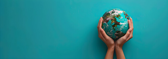 World Environment Day banner with a woman holding the earth globe on a blue background, symbolizing care and responsibility for the planet. - obrazy, fototapety, plakaty