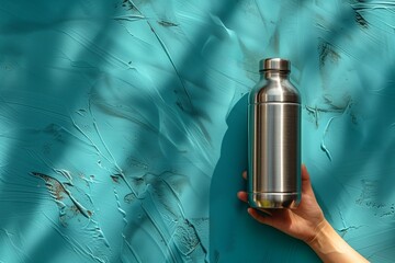 Stainless Steel Water Bottle on Textured Background
 - obrazy, fototapety, plakaty