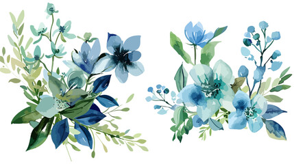 vector watercolor blue green floral bouquet collection