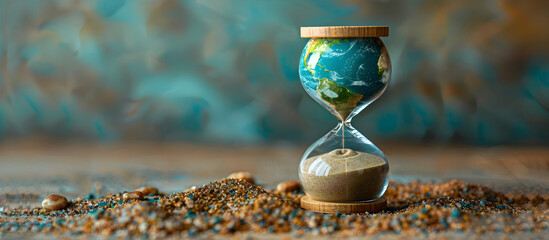 An image representing Earth Overshoot Day, marked by a sand clock with the earth, symbolizing the urgency of addressing ecological sustainability.