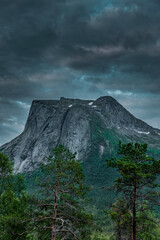 Wolkenverhangener Berggipfel in Skandianvien - 778198829