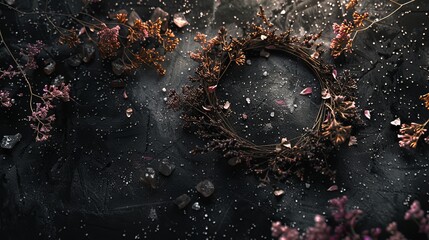wreath of dried flowers on a black background.
