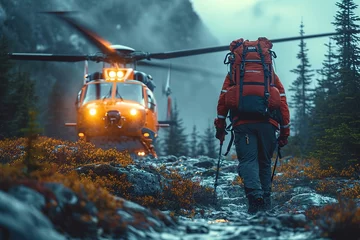 Fototapeten A rescue helicopter airlifting an injured hiker from a remote wilderness area © create