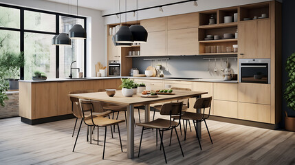 Spacious kitchen with wooden elements and vibrant accents in Scandinavian style.