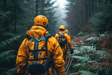 A search and rescue dog team locating a missing person in a dense forest - obrazy, fototapety, plakaty