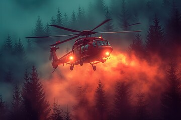 A search and rescue helicopter hovering above a dense forest, searchlights piercing the night to locate a missing person