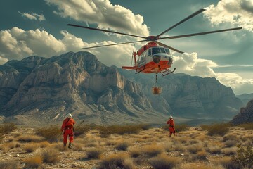 Fototapeta na wymiar A search and rescue helicopter hovering over a vast desert, rescuers lowering a basket to reach an injured hiker