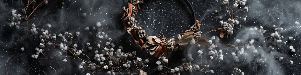wreath of dried flowers on a black background. - obrazy, fototapety, plakaty