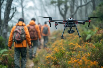 A search and rescue team using a drone equipped with a thermal camera to locate a missing hiker