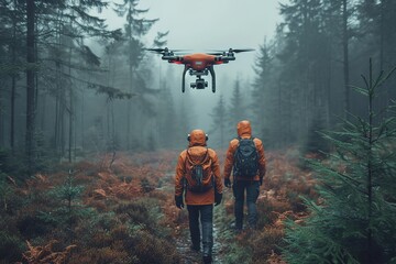 A search and rescue team using a drone to locate a missing person in a vast forest - obrazy, fototapety, plakaty